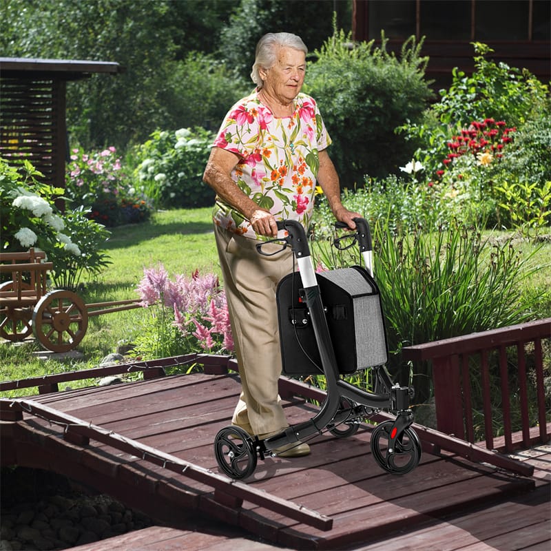 3-Wheel Folding Rollator Walker with Shopping Bag, Lightweight Aluminum Mobility Walking Aid