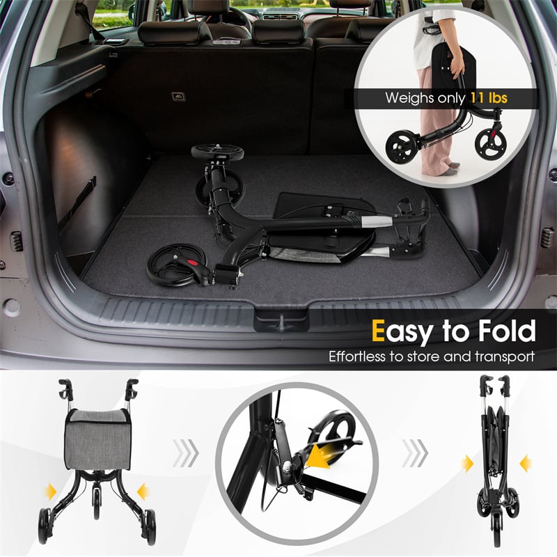 3-Wheel Folding Rollator Walker with Shopping Bag, Lightweight Aluminum Mobility Walking Aid