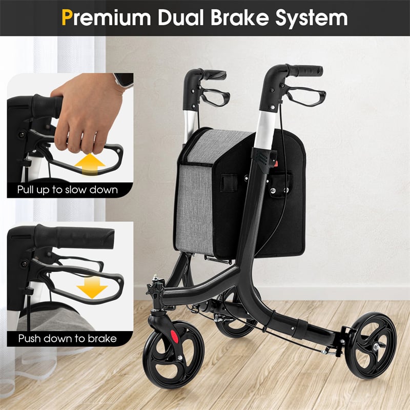 3-Wheel Folding Rollator Walker with Shopping Bag, Lightweight Aluminum Mobility Walking Aid