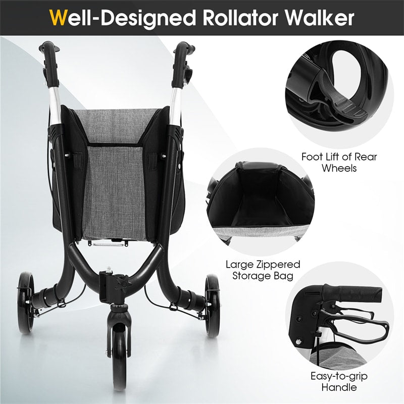 3-Wheel Folding Rollator Walker with Shopping Bag, Lightweight Aluminum Mobility Walking Aid