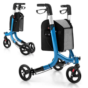 3-Wheel Folding Rollator Walker with Shopping Bag, Lightweight Aluminum Mobility Walking Aid