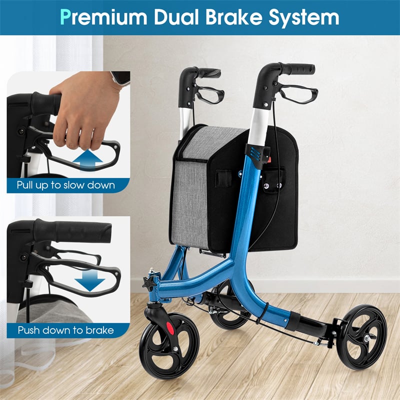 3-Wheel Folding Rollator Walker with Shopping Bag, Lightweight Aluminum Mobility Walking Aid