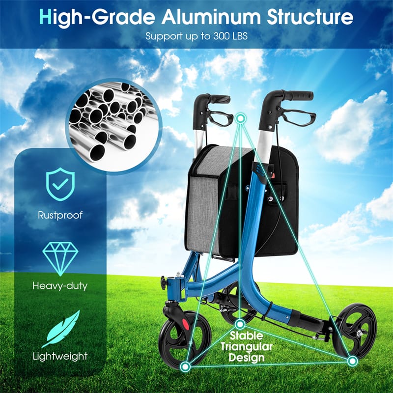 3-Wheel Folding Rollator Walker with Shopping Bag, Lightweight Aluminum Mobility Walking Aid