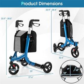 3-Wheel Folding Rollator Walker with Shopping Bag, Lightweight Aluminum Mobility Walking Aid