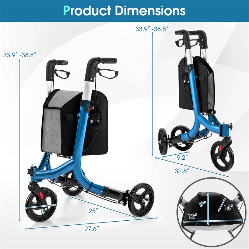 3-Wheel Folding Rollator Walker with Shopping Bag, Lightweight Aluminum Mobility Walking Aid