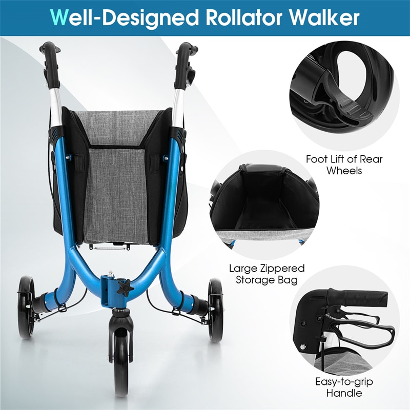 3-Wheel Folding Rollator Walker with Shopping Bag, Lightweight Aluminum Mobility Walking Aid