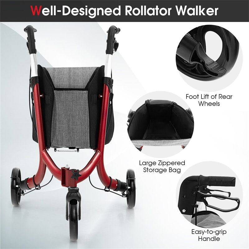 3-Wheel Folding Rollator Walker with Shopping Bag, Lightweight Aluminum Mobility Walking Aid