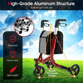 3-Wheel Folding Rollator Walker with Shopping Bag, Lightweight Aluminum Mobility Walking Aid