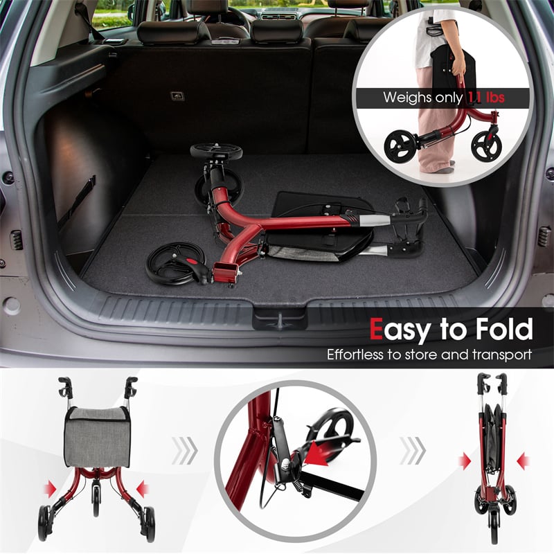 3-Wheel Folding Rollator Walker with Shopping Bag, Lightweight Aluminum Mobility Walking Aid