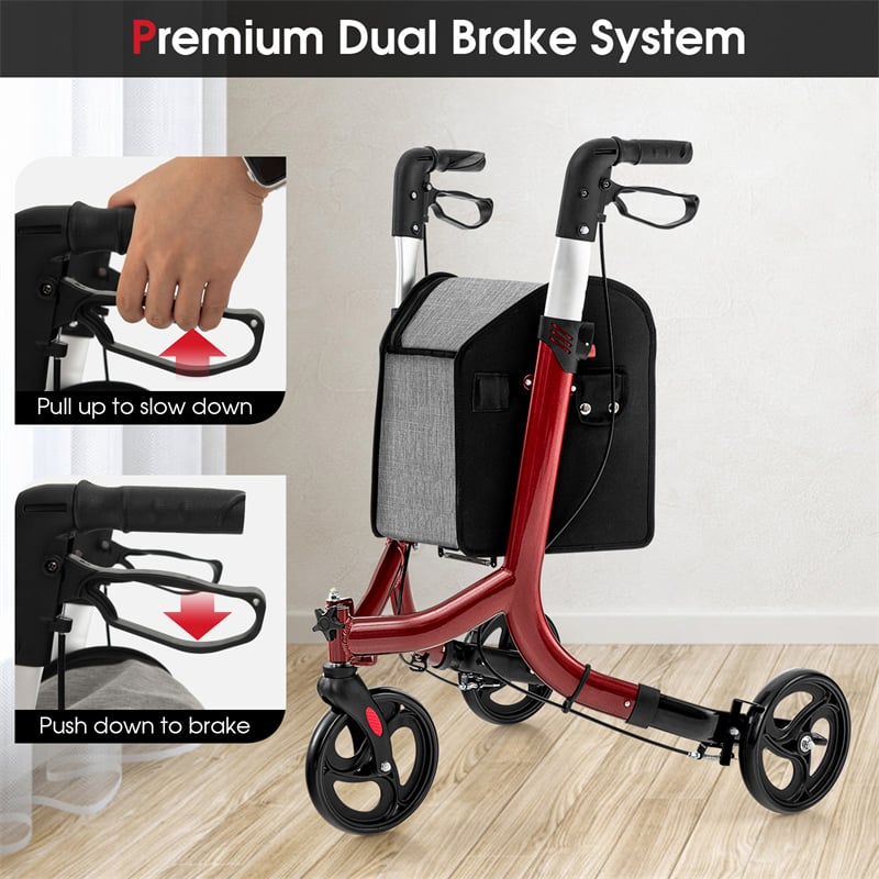 3-Wheel Folding Rollator Walker with Shopping Bag, Lightweight Aluminum Mobility Walking Aid