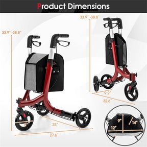 3-Wheel Folding Rollator Walker with Shopping Bag, Lightweight Aluminum Mobility Walking Aid
