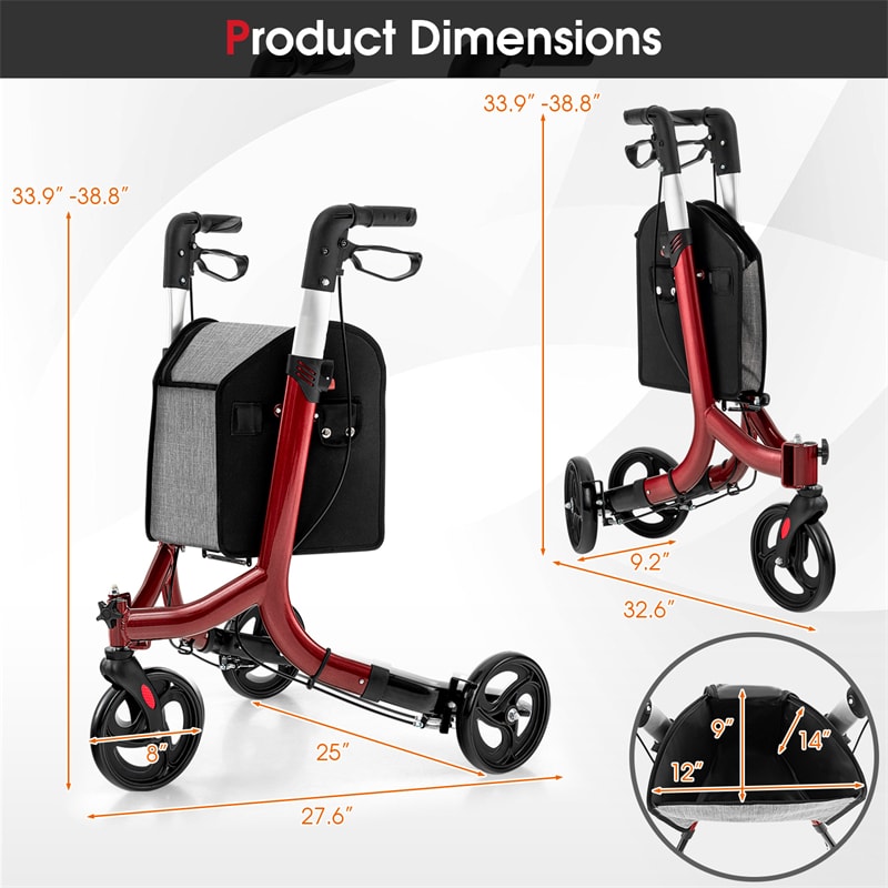 3-Wheel Folding Rollator Walker with Shopping Bag, Lightweight Aluminum Mobility Walking Aid