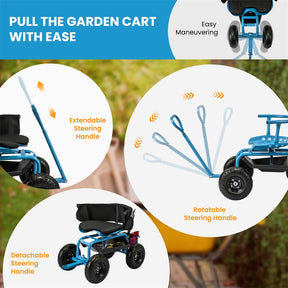 Cushioned Rolling Garden Cart Workseat Yard Wagon Scooter with Storage Basket & Extendable Steering Handle