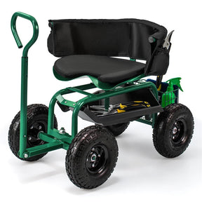 Cushioned Rolling Garden Cart Workseat Yard Wagon Scooter with Storage Basket & Extendable Steering Handle