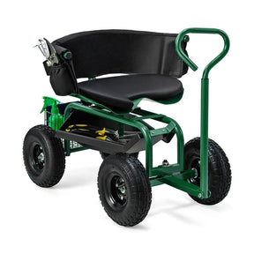 Cushioned Rolling Garden Cart Workseat Yard Wagon Scooter with Storage Basket & Extendable Steering Handle