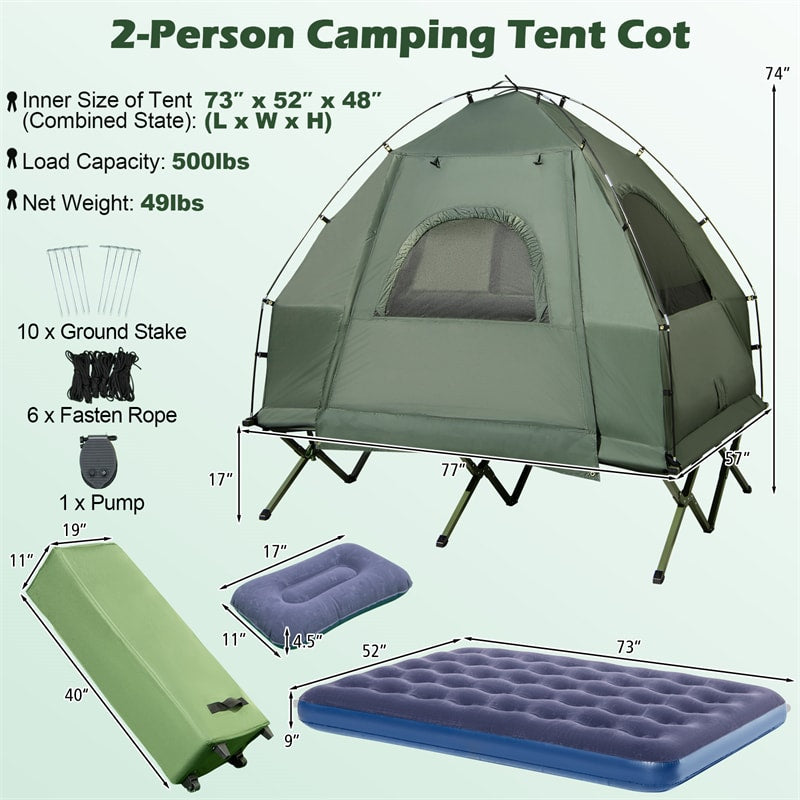 5-in-1 Off-Ground Tent Cot 2-Person Foldable Camping Bed Tent with Awning, Air Mattress, Sleeping Bag, Carrying Bag