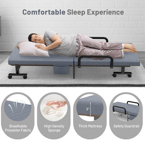 Folding Rollaway Bed with Mattress & Wheels for Adults, Portable Foldable Guest Bed with Adjustable 6 Position & Side Storage Pocket
