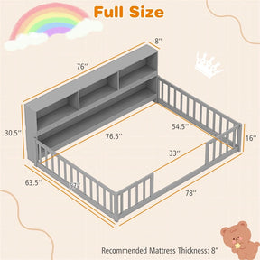 Full Size Montessori Floor Bed with Bookcase, Storage Shelves & Safety Fence Rails, Solid Wood Bed Frame for Kids, No Box Spring Needed