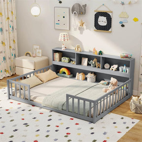 Full Size Montessori Floor Bed with Bookcase, Storage Shelves & Safety Fence Rails, Solid Wood Bed Frame for Kids, No Box Spring Needed