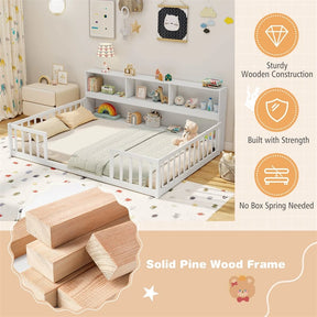 Full Size Montessori Floor Bed with Bookcase, Storage Shelves & Safety Fence Rails, Solid Wood Bed Frame for Kids, No Box Spring Needed