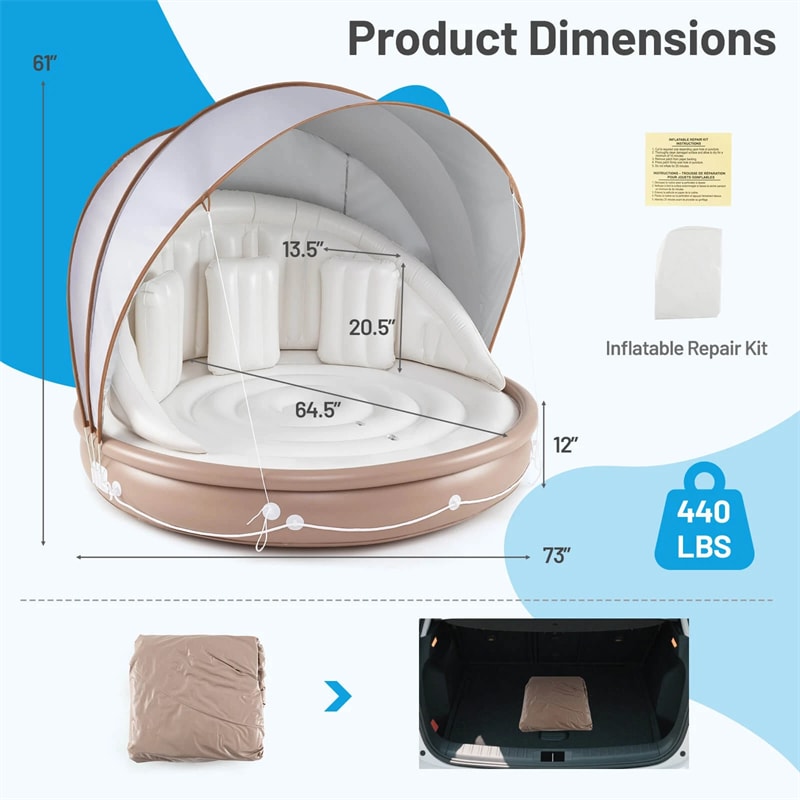 Giant Inflatable Pool Float Lounge Swimming Floating Island Raft with Retractable Canopy & 2 Cup Holders