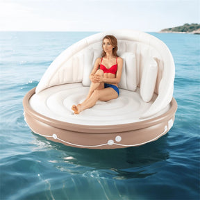 Giant Inflatable Pool Float Lounge Swimming Floating Island Raft with Retractable Canopy & 2 Cup Holders