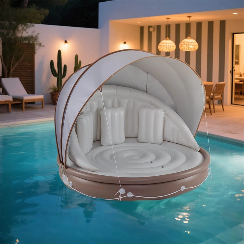 Giant Inflatable Pool Float Lounge Swimming Floating Island Raft with Retractable Canopy & 2 Cup Holders