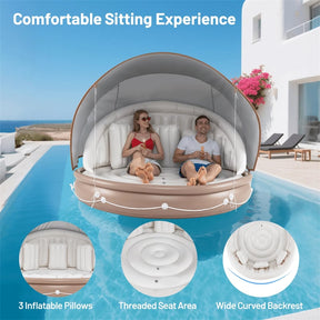 Giant Inflatable Pool Float Lounge Swimming Floating Island Raft with Retractable Canopy & 2 Cup Holders