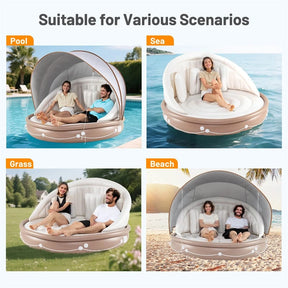 Giant Inflatable Pool Float Lounge Swimming Floating Island Raft with Retractable Canopy & 2 Cup Holders