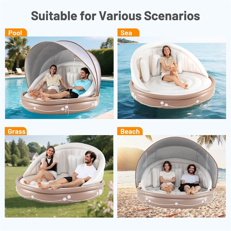 Giant Inflatable Pool Float Lounge Swimming Floating Island Raft with Retractable Canopy & 2 Cup Holders