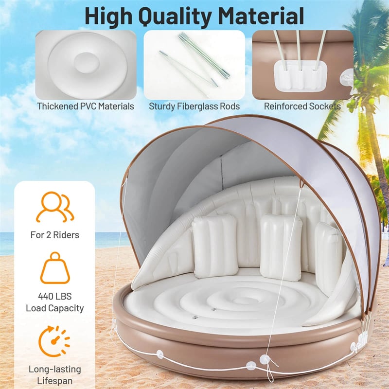 Giant Inflatable Pool Float Lounge Swimming Floating Island Raft with Retractable Canopy & 2 Cup Holders