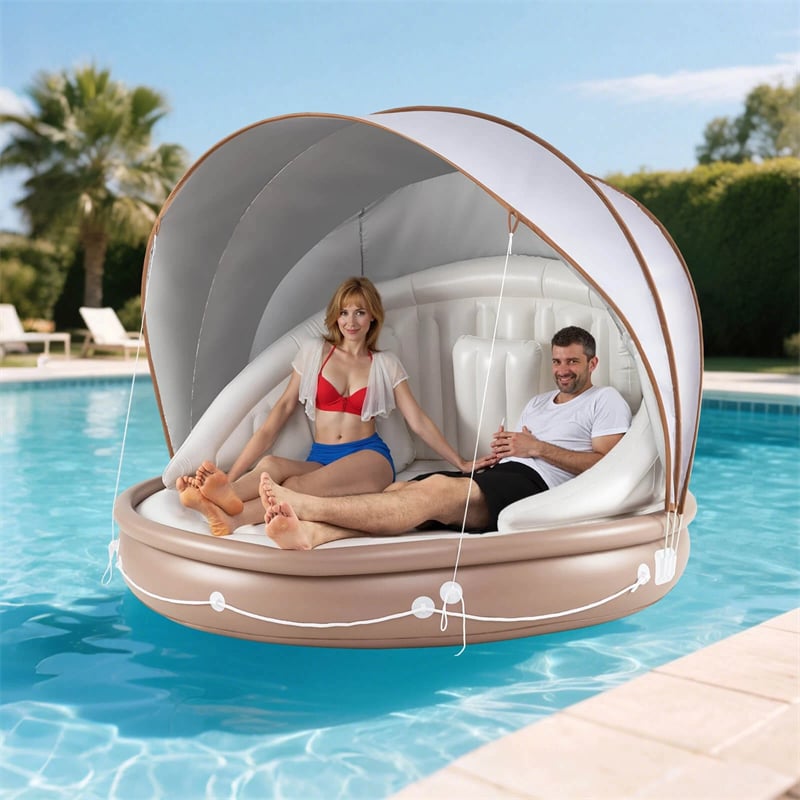 Giant Inflatable Pool Float Lounge Swimming Floating Island Raft with Retractable Canopy & 2 Cup Holders