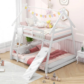 Twin Over Queen House Bunk Bed, Wood Kids Floor Bunk Bed Frame with Climbing Nets & Ramp, Safety Rails for Boys Girls, No Box Spring Needed