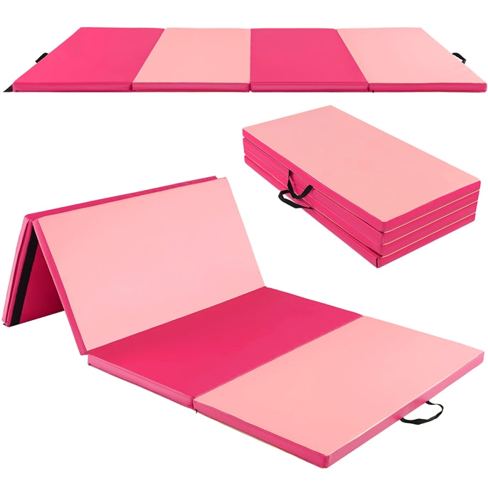 2.4M 4-Panel PU Leather Gym Mat w/Hook & Loop Fasteners & Carrying Handles for Gymnastics