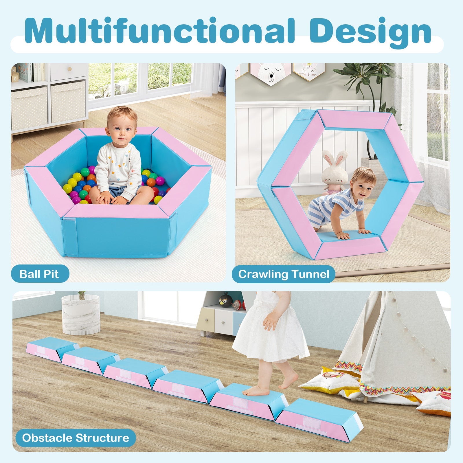 3-Piece Baby Foam Climbing Blocks, Indoor Climb and Crawl Activity Play Set with Ball Pit