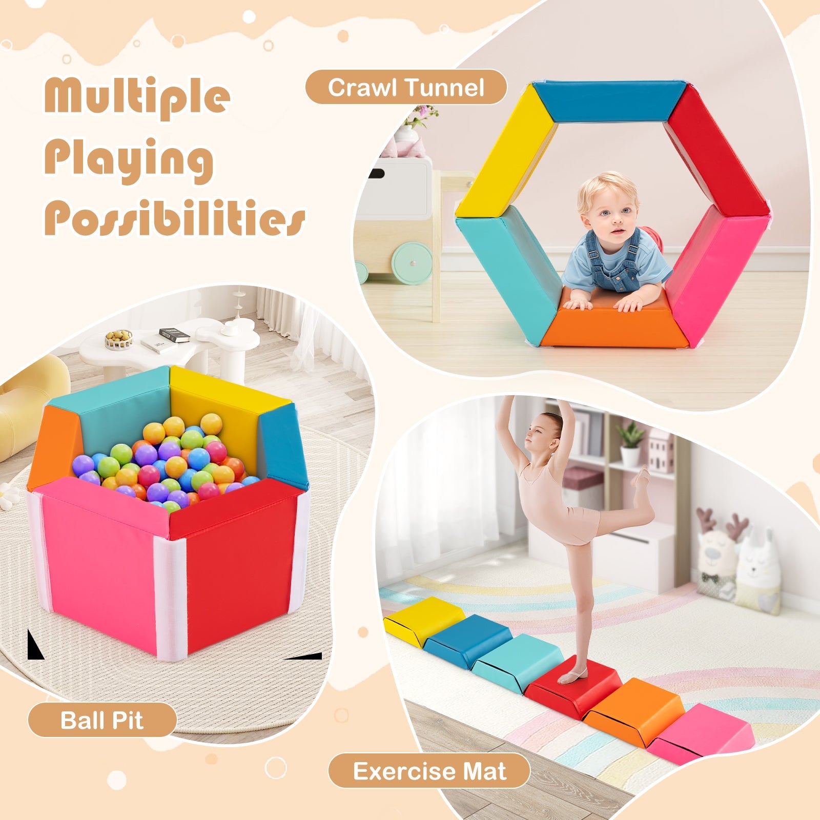 Colorful Hexagon Ball Pit for Kids Exercise Tumble Mat w/Detachable Zippered PU Covers