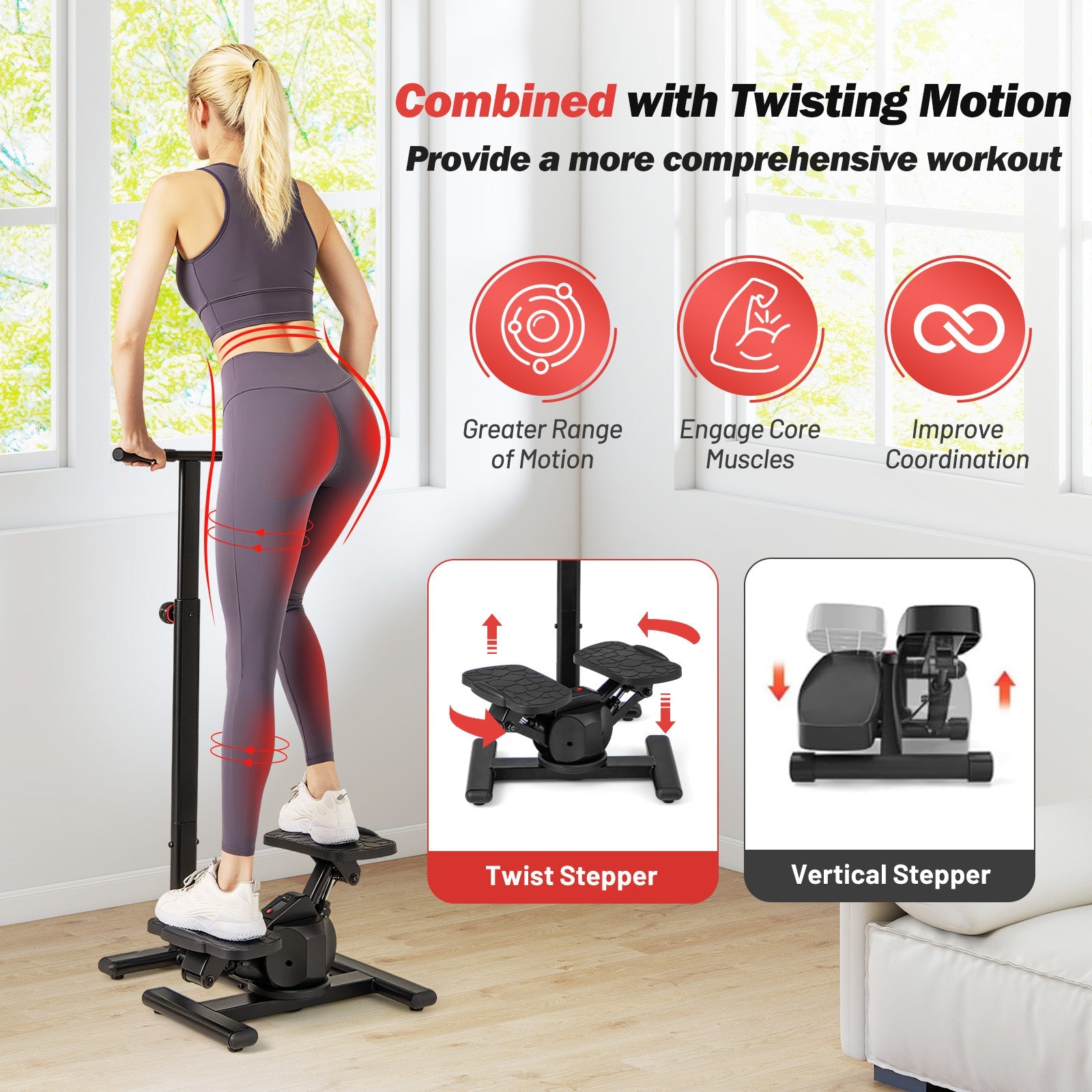 Steppers for Exercise, Twist Stair Stepper Workout Equipment w/Height-Adjustable Handlebar