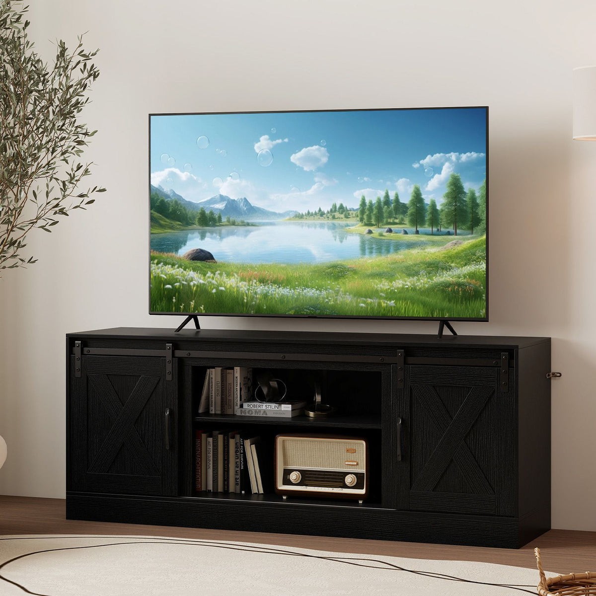 Farmhouse TV Stand for 70" TVs, Entertainment Center with Sliding Barn Doors & Adjustable Shelves
