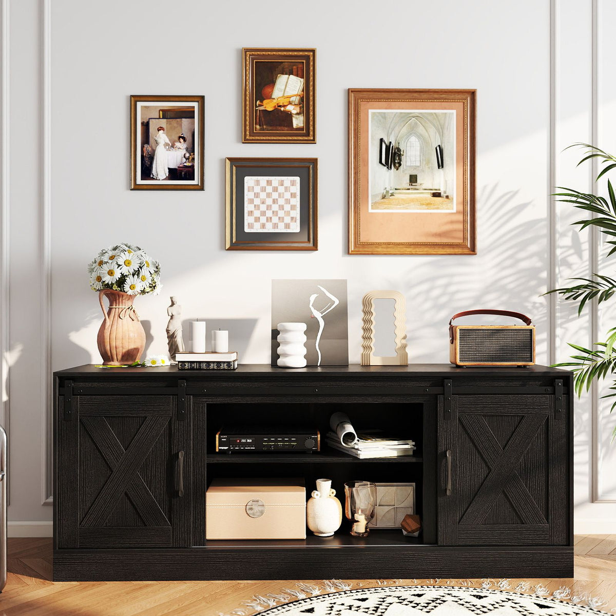 Farmhouse TV Stand for 70" TVs, Entertainment Center with Sliding Barn Doors & Adjustable Shelves