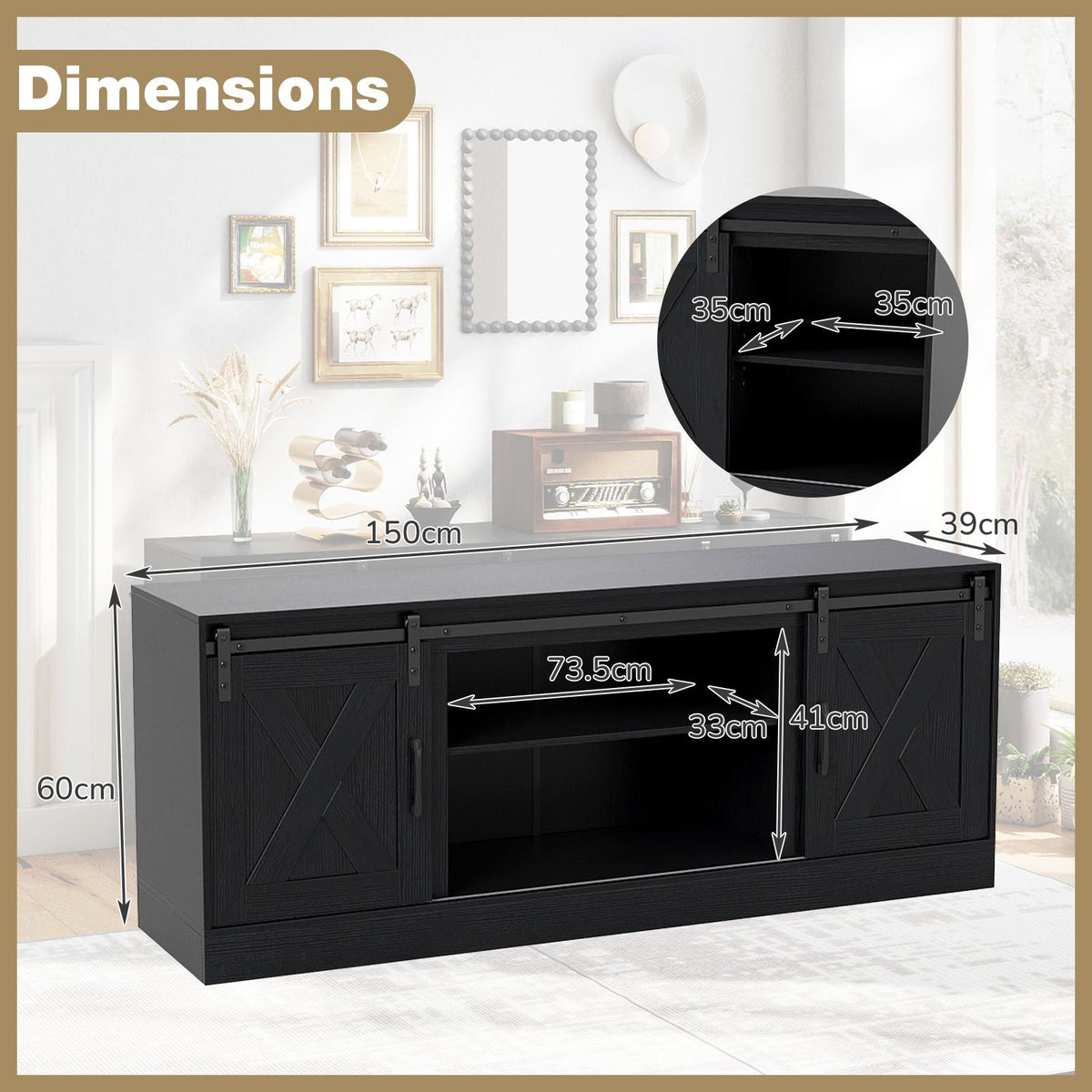 Farmhouse TV Stand for 70" TVs, Entertainment Center with Sliding Barn Doors & Adjustable Shelves