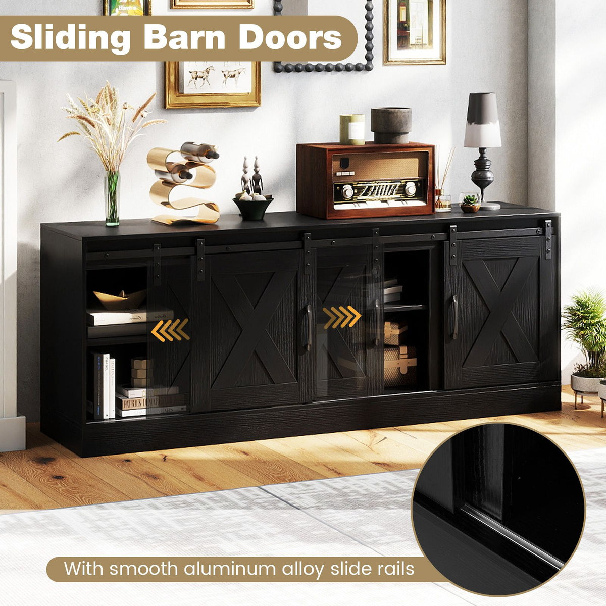 Farmhouse TV Stand for 70" TVs, Entertainment Center with Sliding Barn Doors & Adjustable Shelves