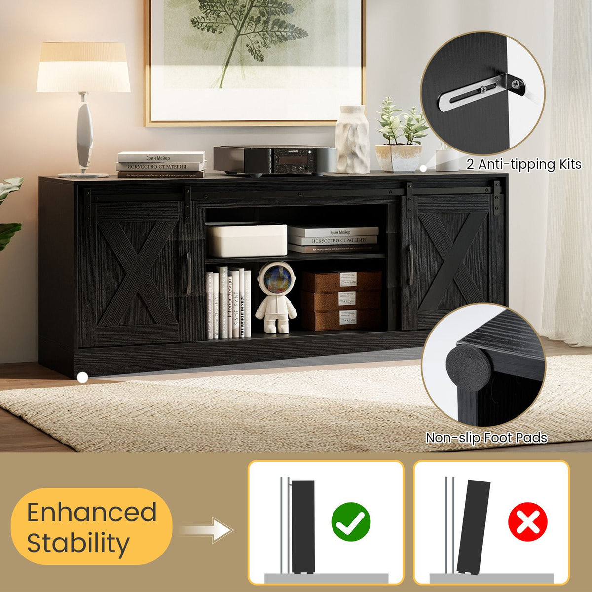 Farmhouse TV Stand for 70" TVs, Entertainment Center with Sliding Barn Doors & Adjustable Shelves
