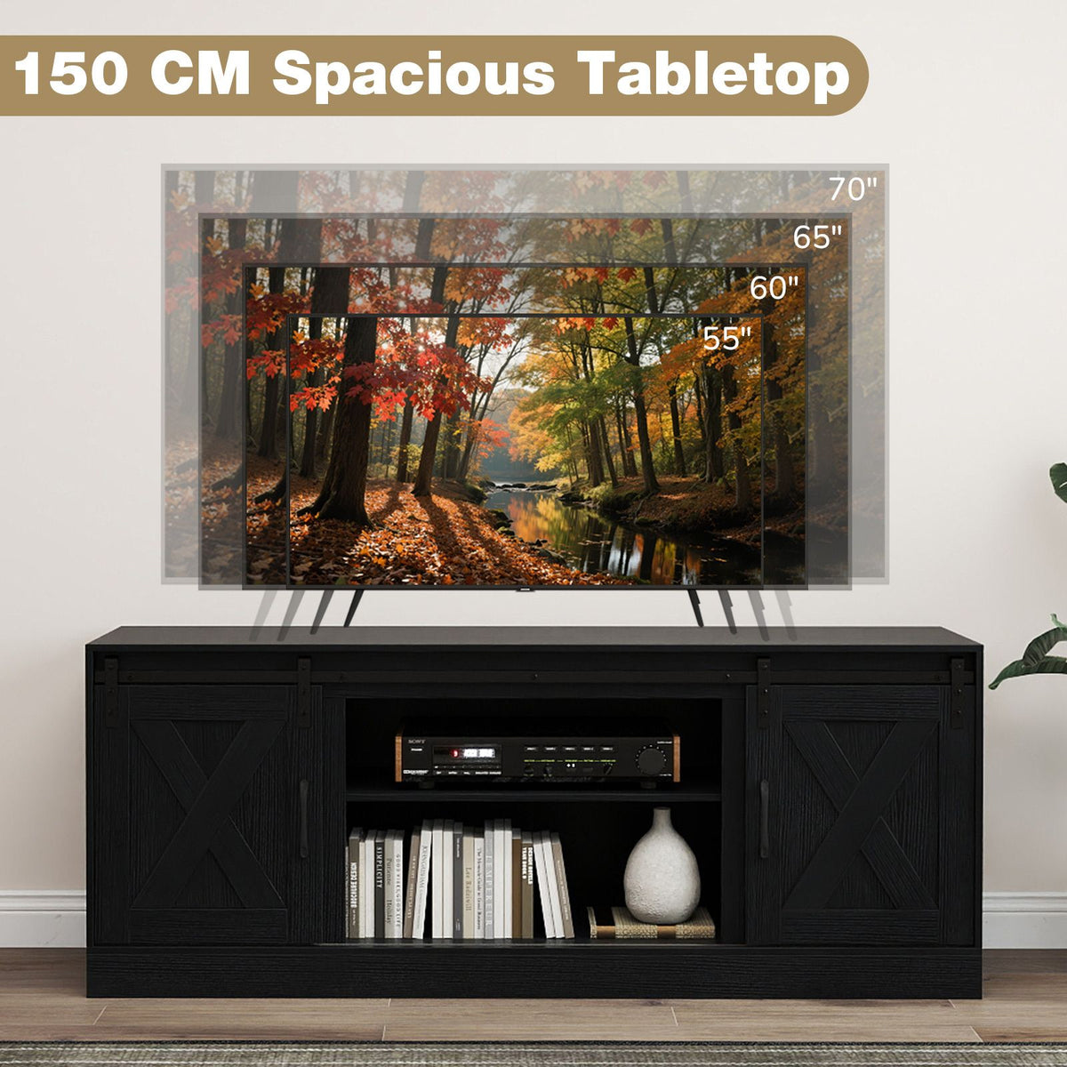 Farmhouse TV Stand for 70" TVs, Entertainment Center with Sliding Barn Doors & Adjustable Shelves