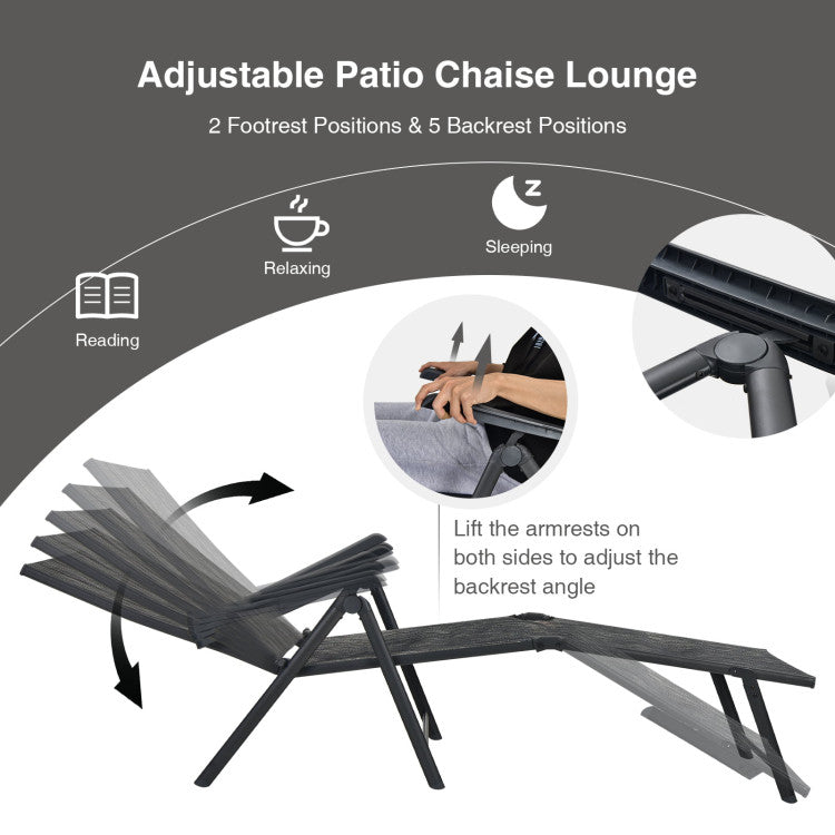 2 Pieces Foldable Outdoor Chaise Lounge Chair with Adjustable Backrest and Footrest