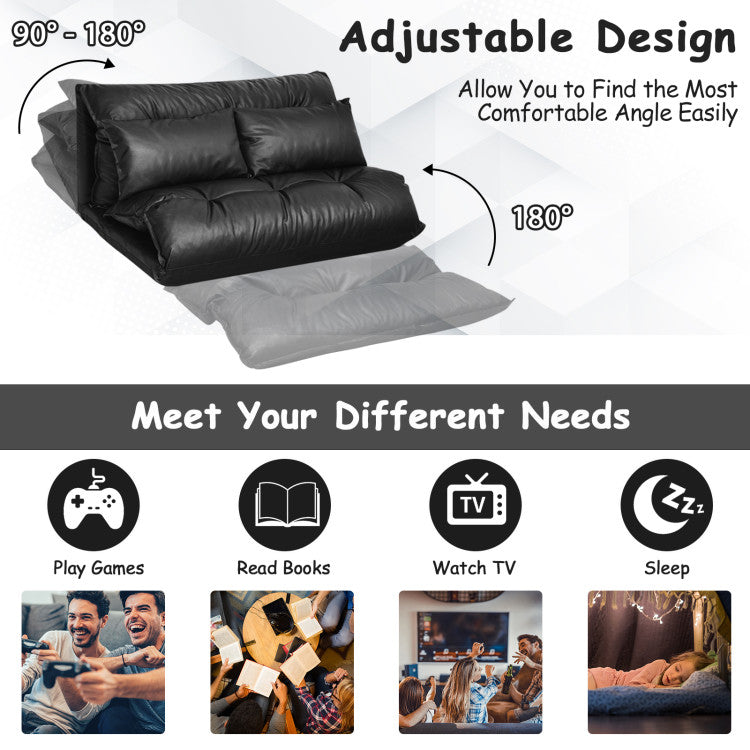 Foldable PU Leather Leisure Floor Sofa Bed with 2 Pillows and Adjustable Backrest