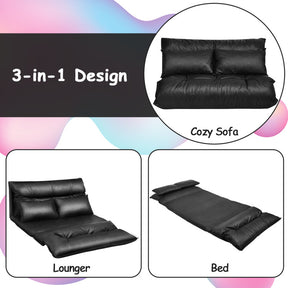 Foldable PU Leather Leisure Floor Sofa Bed with 2 Pillows and Adjustable Backrest