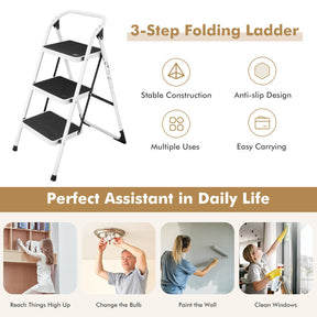 Folding 3-Step Anti-Slip Platform Aluminum Ladder with Handgrip and  Safety Lock