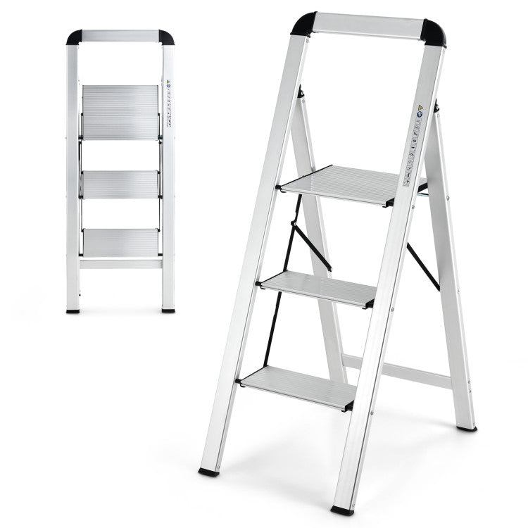 Folding 3-Step Ladder Aluminum with Non-Slip Pedal and Footpads
