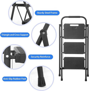 Folding 3 Step Ladder with Wide Anti-Slip Pedal and Handle
