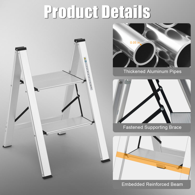 Folding Aluminum 2-Step Ladder with Non-Slip Pedal and Footpads